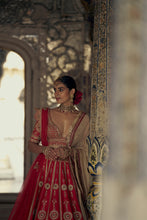 Load image into Gallery viewer, RED RAW SILK LEHENGA CHOLI WITH NET DUPATTA WITH AN OPTIONAL BEIGE NET DUPATTA AND WORKED BELT.
