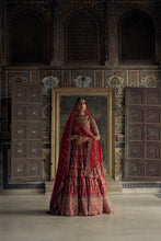 Load image into Gallery viewer, DEEP RED RAW SILK LEHENGA CHOLI SET WITH A TULLE DUPATTA AND AN OPTIONAL SECOND DUPATTA AND BELT.
