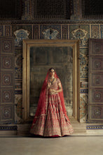 Load image into Gallery viewer, RED RAW SILK LEHENGA CHOLI SET WITH A HEAVY NET DUPATTA AND AN OPTIONAL WORKED BELT.
