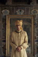 Load image into Gallery viewer, GOLD SHERWANI SET WITH CHOGA AND CHURIDAR WHICH COMES WITH AN OPTIONAL WORKED STOLE AND JUTIS
