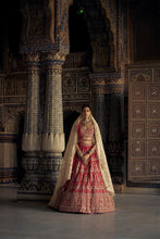 Load image into Gallery viewer, BLOOD RED SILK  LEHENGA CHOLI SET WITH A WORKED TULLE DUPATTA
