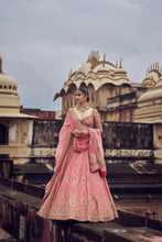 Load image into Gallery viewer, ROSE PINK RAW SILK LEHENGA CHOLI WITH NET DUPATTA AND OPTIONAL WORKED BELT .
