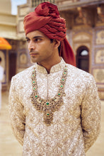 Load image into Gallery viewer, LIGHT BEIGE RAW SILK SHERWANI WITH KURTA CHURIDAR AND OPTIONAL WORKED STOLE BELT AND JUTIS
