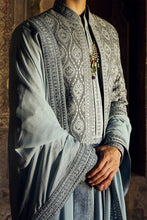 Load image into Gallery viewer, GREY RAW SILK OPEN SHERWANI WITH A CHOGA AND CHURIDAR AND AN OPTIONAL STOLE AND WORKED JUTIS
