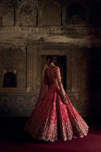 Load image into Gallery viewer, RED TO CORAL OMBRE DYED RAW SILK LEHENGA WITH A CORAL CHOLI AND RED DUPATTA AND A WORKED BELT.
