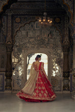 Load image into Gallery viewer, RED RAW SILK LEHENGA CHOLI WITH NET DUPATTA WITH AN OPTIONAL BEIGE NET DUPATTA AND WORKED BELT.
