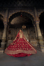 Load image into Gallery viewer, DEEP RED RAW SILK LEHENGA CHOLI SET WITH A TULLE DUPATTA
