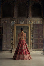 Load image into Gallery viewer, DEEP RED RAW SILK LEHENGA CHOLI SET WITH A TULLE DUPATTA AND AN OPTIONAL SECOND DUPATTA AND BELT.
