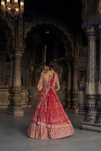 Load image into Gallery viewer, BLOOD RED SILK  LEHENGA CHOLI SET WITH A WORKED TULLE DUPATTA
