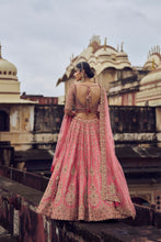 Load image into Gallery viewer, ROSE PINK RAW SILK LEHENGA CHOLI WITH NET DUPATTA AND OPTIONAL WORKED BELT .
