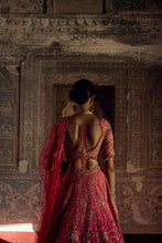 Load image into Gallery viewer, RED TO CORAL OMBRE DYED RAW SILK LEHENGA WITH A CORAL CHOLI AND RED DUPATTA AND A WORKED BELT.
