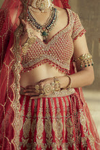 Load image into Gallery viewer, RED RAW SILK LEHENGA CHOLI SET WITH A HEAVY NET DUPATTA AND AN OPTIONAL WORKED BELT.
