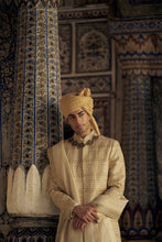 Load image into Gallery viewer, GOLD SHERWANI SET WITH CHOGA AND CHURIDAR WHICH COMES WITH AN OPTIONAL WORKED STOLE AND JUTIS
