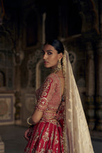 Load image into Gallery viewer, BLOOD RED SILK  LEHENGA CHOLI SET WITH A WORKED TULLE DUPATTA
