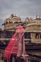 Load image into Gallery viewer, MAROON NET EMBROIDERED SAREE BLOUSE WITH PETTICOAT AND AN OPTIONAL HEAD VEIL .
