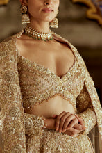 Load image into Gallery viewer, CHAMPAGNE GOLD NET LEHENGA CHOLI AND DUPATTA WITH AN OPTIONAL WORKED BELT AND HEAD VEIL.
