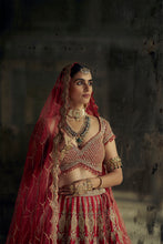 Load image into Gallery viewer, RED RAW SILK LEHENGA CHOLI SET WITH A HEAVY NET DUPATTA AND AN OPTIONAL WORKED BELT.
