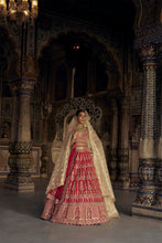 Load image into Gallery viewer, BLOOD RED SILK  LEHENGA CHOLI SET WITH A WORKED TULLE DUPATTA
