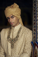 Load image into Gallery viewer, GOLD RAW SILK SHERWANI WITH KURTA AND CHURIDAR WITH AN OPTIONAL WORKED BELT, STOLE AND JUTIS.
