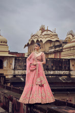 Load image into Gallery viewer, ROSE PINK RAW SILK LEHENGA CHOLI WITH NET DUPATTA AND OPTIONAL WORKED BELT .
