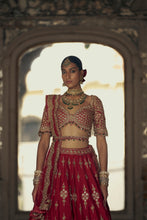 Load image into Gallery viewer, DEEP RED RAW SILK LEHENGA CHOLI SET WITH A TULLE DUPATTA
