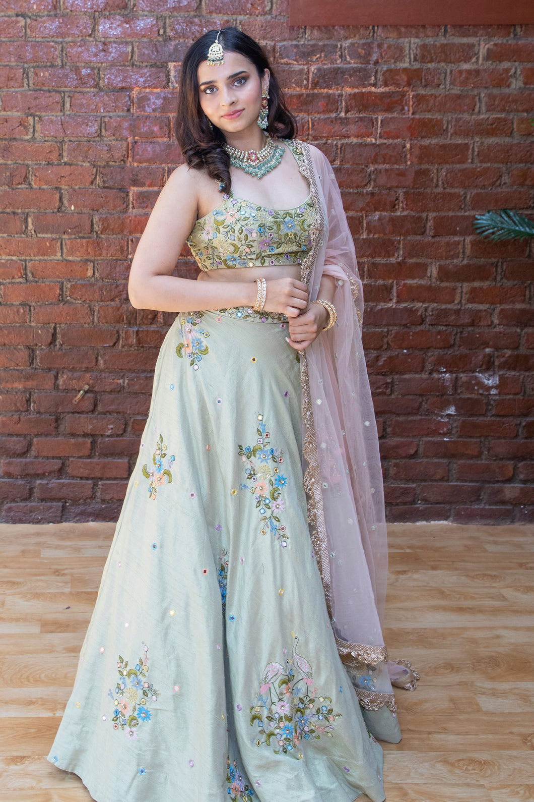 Tea Green Swan Lehenga Set