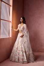 Load image into Gallery viewer, WHITE NET WITH LEATHER APPLIQUE LEHENGA SET
