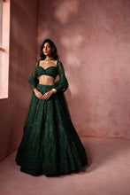 Load image into Gallery viewer, BOTTLE GREEN  NET LEHENGA SET
