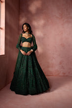 Load image into Gallery viewer, BOTTLE GREEN  NET LEHENGA SET
