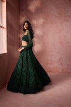 Load image into Gallery viewer, BOTTLE GREEN  NET LEHENGA SET

