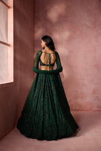 Load image into Gallery viewer, BOTTLE GREEN  NET LEHENGA SET
