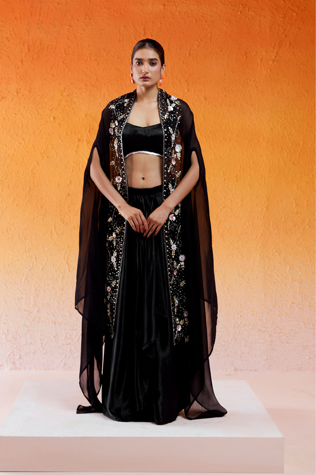 Black Embroidered Drape Skirt Set with Cape