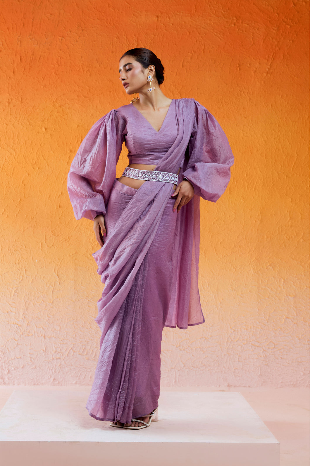 Lavender Embroidered Drape Saree Set with Belt