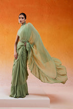 Load image into Gallery viewer, Pista Green Embroidered Drape Saree Set with Belt
