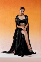 Load image into Gallery viewer, Black Embroidered Drape Skirt Set with Cape
