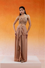 Load image into Gallery viewer, Caramel Brown Embroidered Drape Skirt Set with Cape

