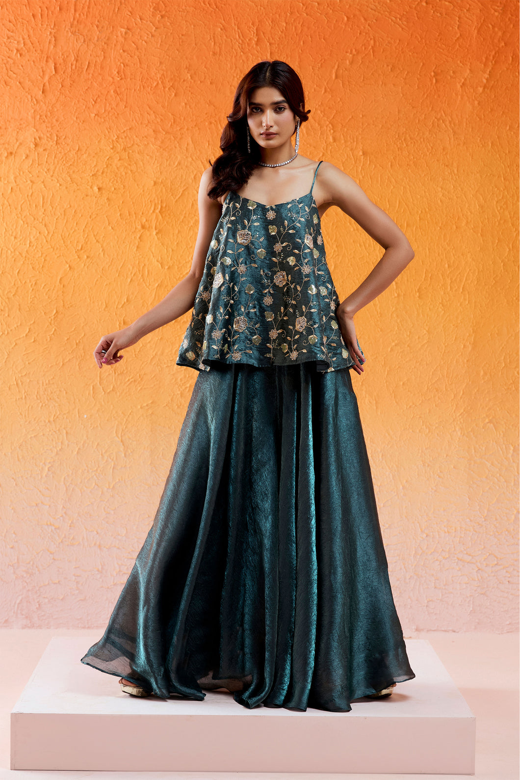 Metallic Teal Blue Peplum Sharara Set