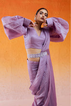 Load image into Gallery viewer, Lavender Embroidered Drape Saree Set with Belt
