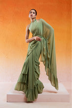 Load image into Gallery viewer, Pista Green Embroidered Drape Saree Set with Belt
