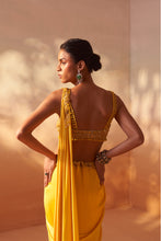 Load image into Gallery viewer, YELLOW DRAPED SAREE WITH NUDE CHOLI
