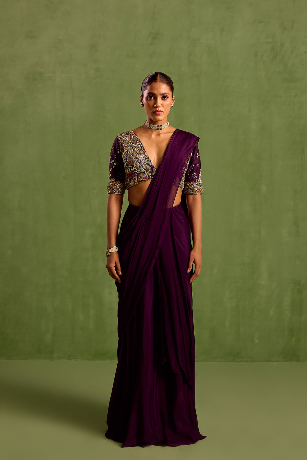 purple pre draped saree