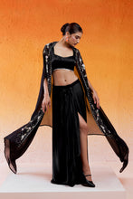 Load image into Gallery viewer, Black Embroidered Drape Skirt Set with Cape
