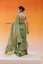 Load image into Gallery viewer, Pista Green Embroidered Drape Saree Set with Belt
