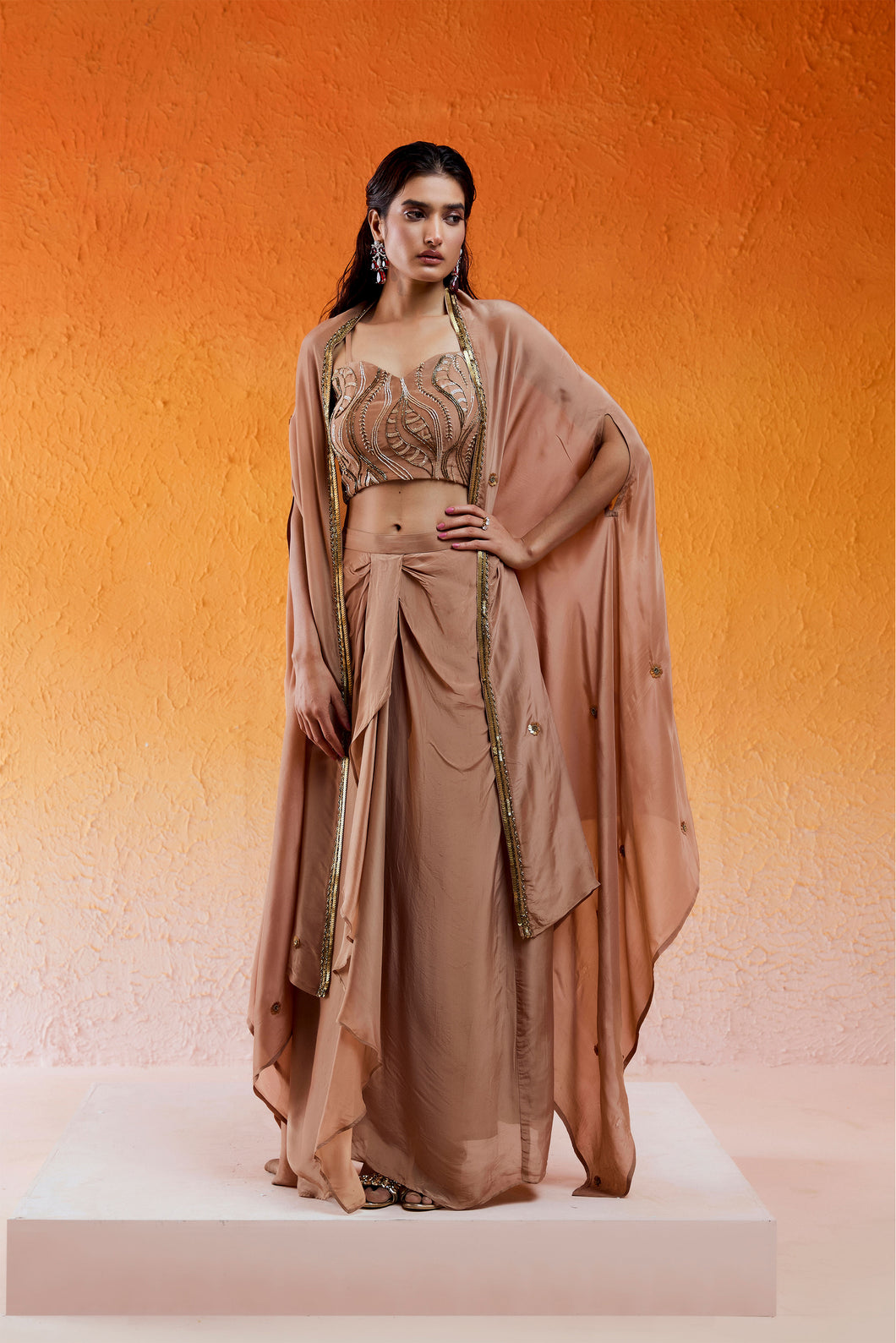 Caramel Brown Embroidered Drape Skirt Set with Cape