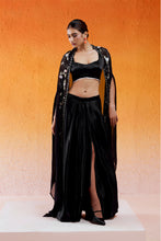 Load image into Gallery viewer, Black Embroidered Drape Skirt Set with Cape
