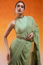 Load image into Gallery viewer, Pista Green Embroidered Drape Saree Set with Belt
