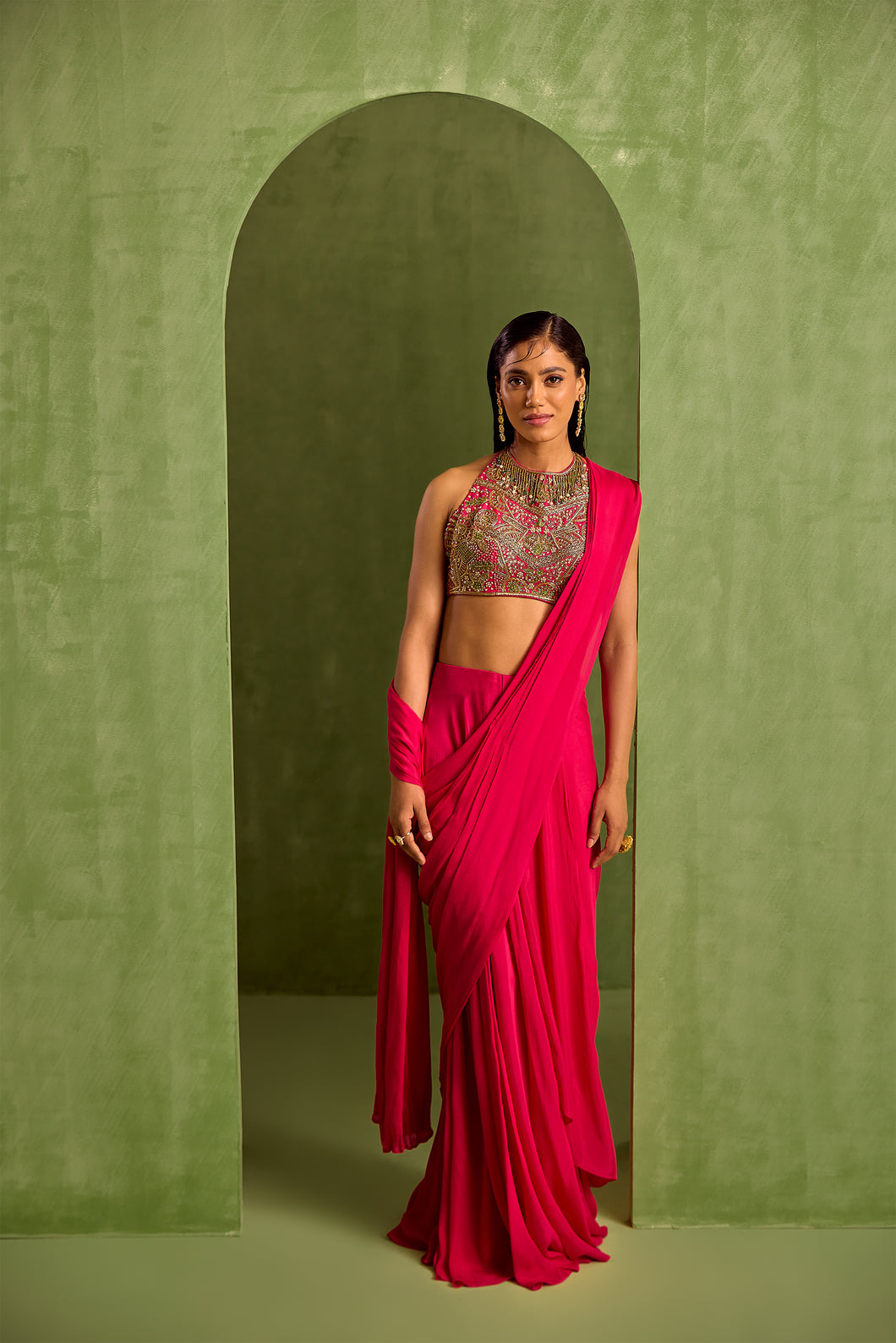 fuscia pre draped saree