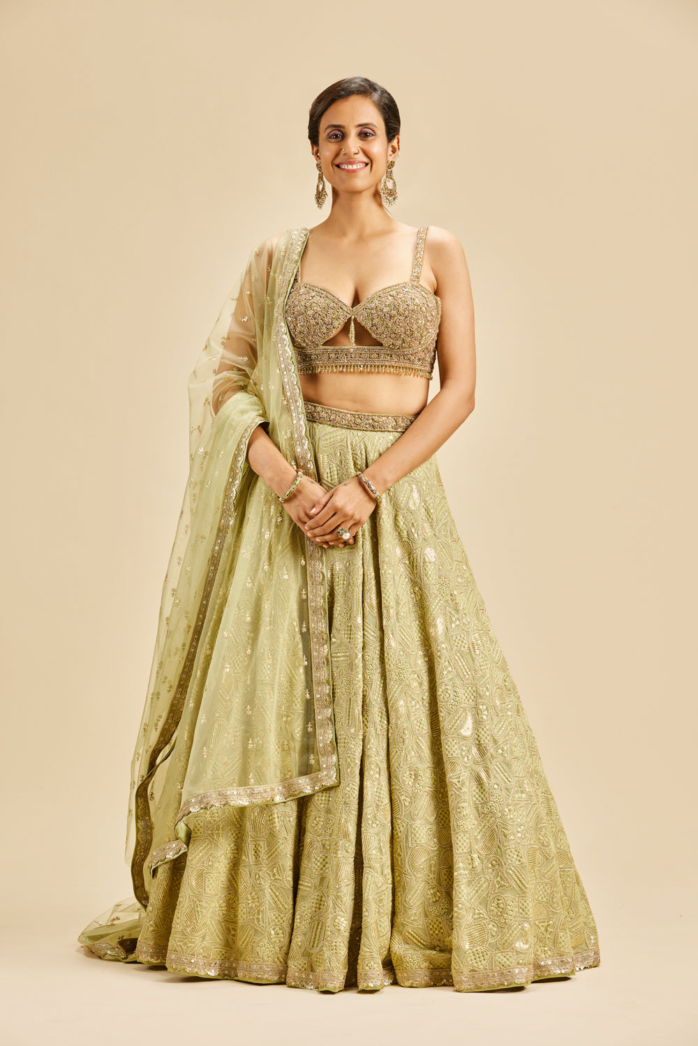 OLIVE GREEN GEOMATRICAL DESIGN LEHENGA