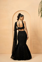 Load image into Gallery viewer, Black embroidered fishtil lehenga with drape dupatta
