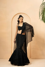 Load image into Gallery viewer, Black embroidered fishtil lehenga with drape dupatta

